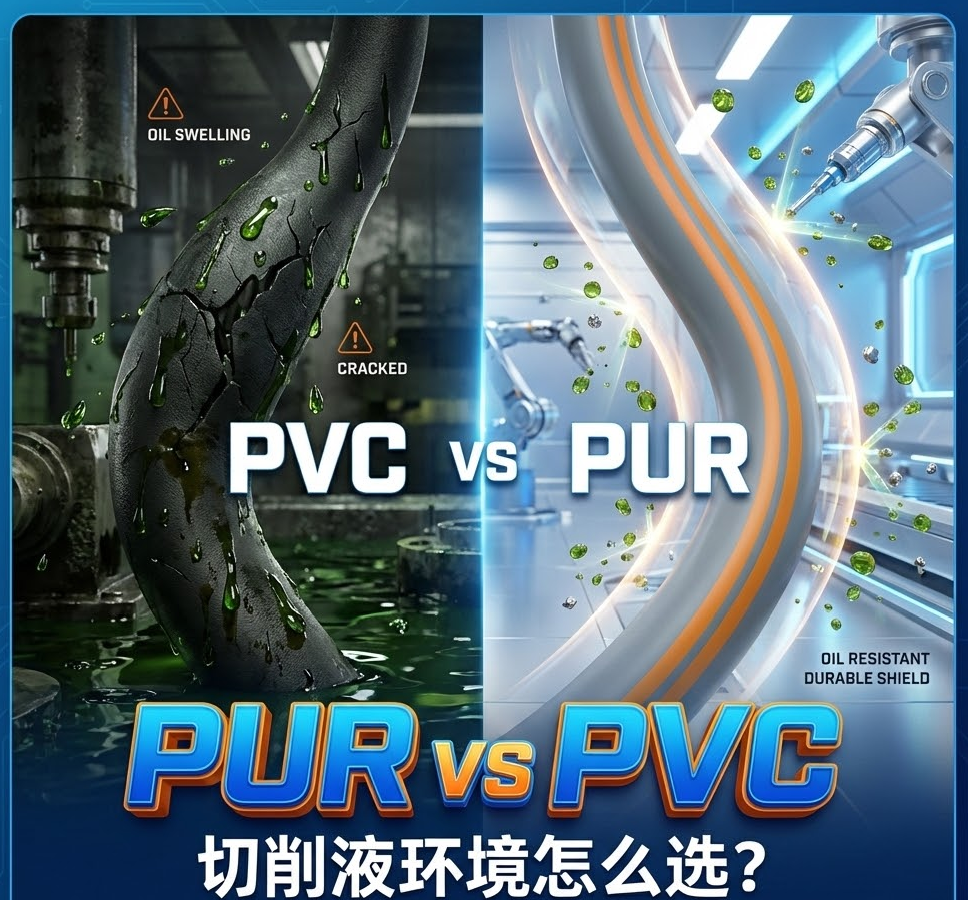 PUR vs PVC：机床切削液情形下，，你的拖链电缆选对护套了吗？？？