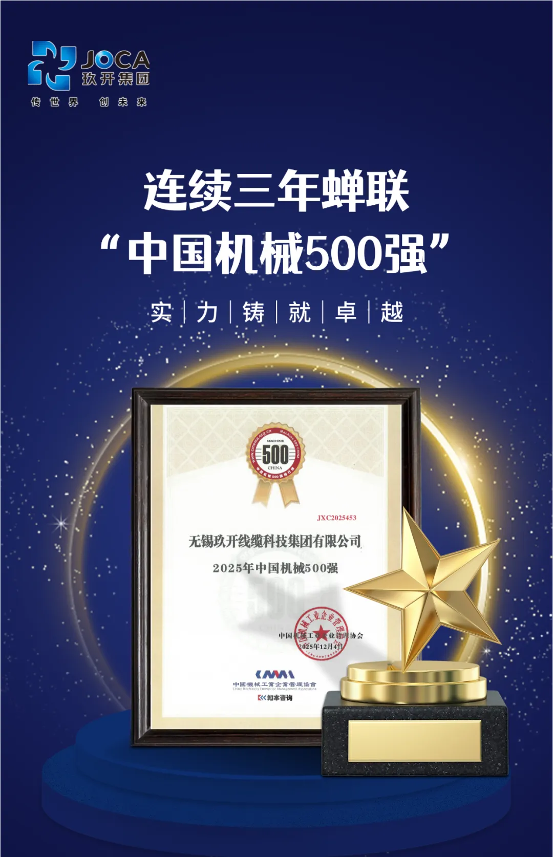 九洲国际集团连续三年荣登“中国机械500强” 综合实力再获权威认可